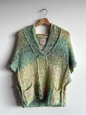 Chaser Green Knit Poncho Sweater Cowl Neck Boho Lightweight Slub Top